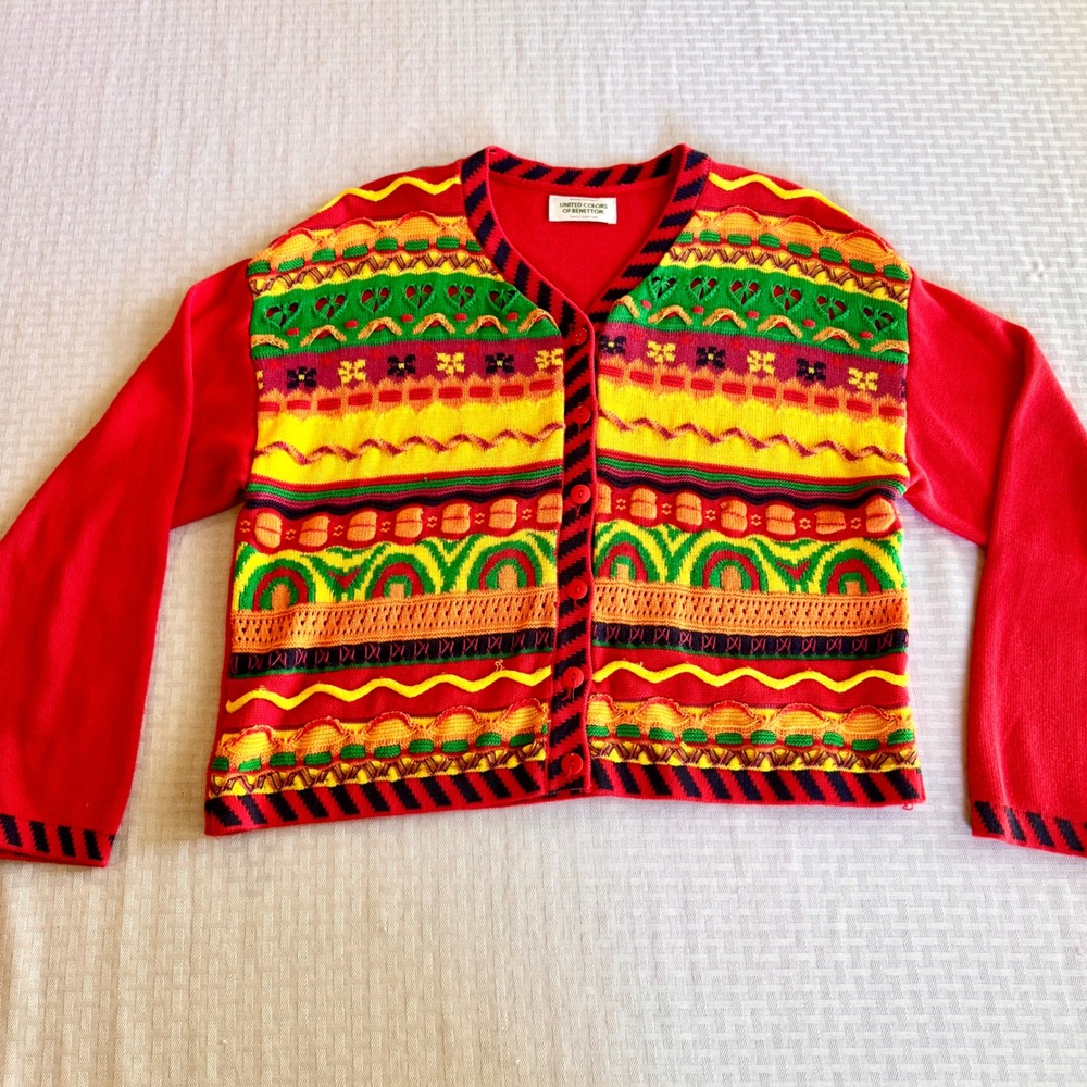 Vintage United Colors of Benetton Made in Italy Cotton Geometric Cardigan Red L